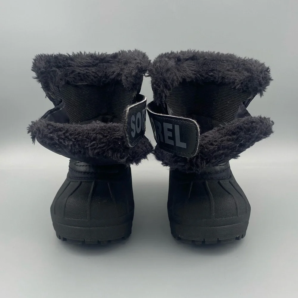 Sorel Kids Black Winter Boots with Cream Bear Accent